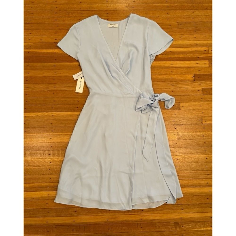 Aritzia Babaton Glimmer Light Blue Mini Wrap Dress NWT.